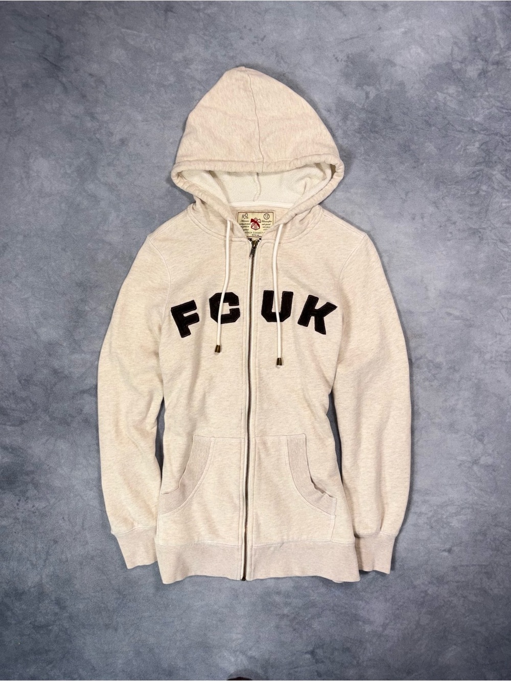 Vintage FCUK FRENCH CONNECTION Cream Y2K Grunge Punk Logo Zip Hoodie